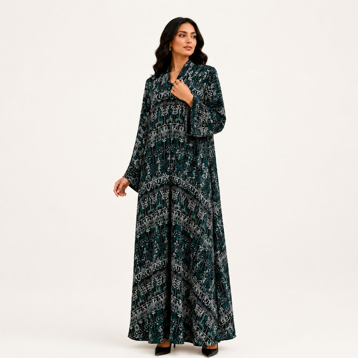 Georgette Chiffon Abaya Kelly Printed Black & Green
