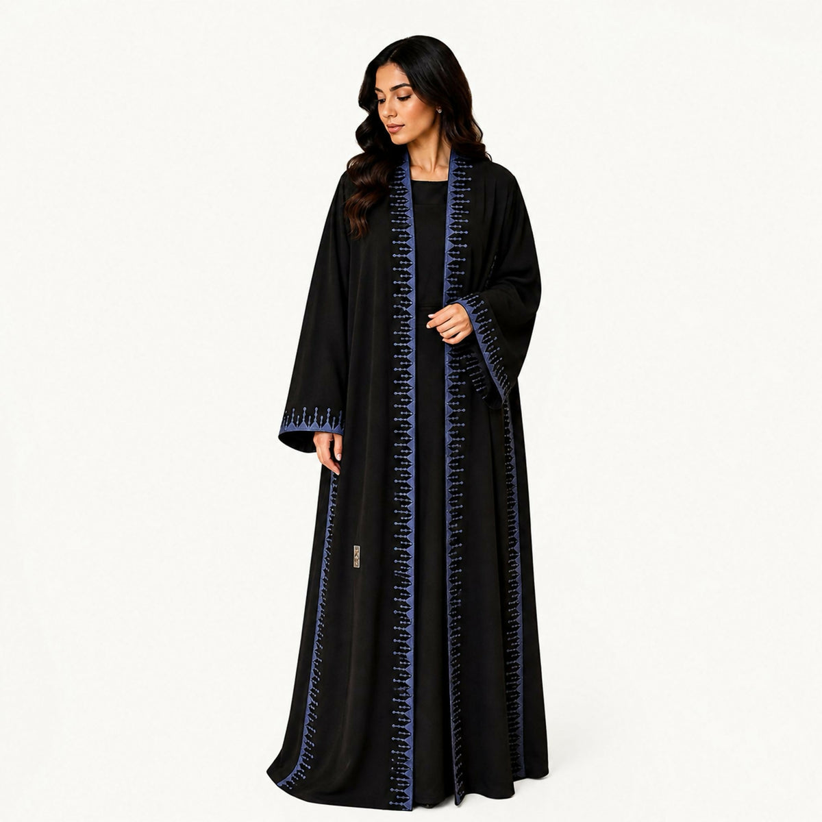 Black silk jacquard abaya with scattered lines in the same color. Lightweight, soft summer fabric; steam clean.