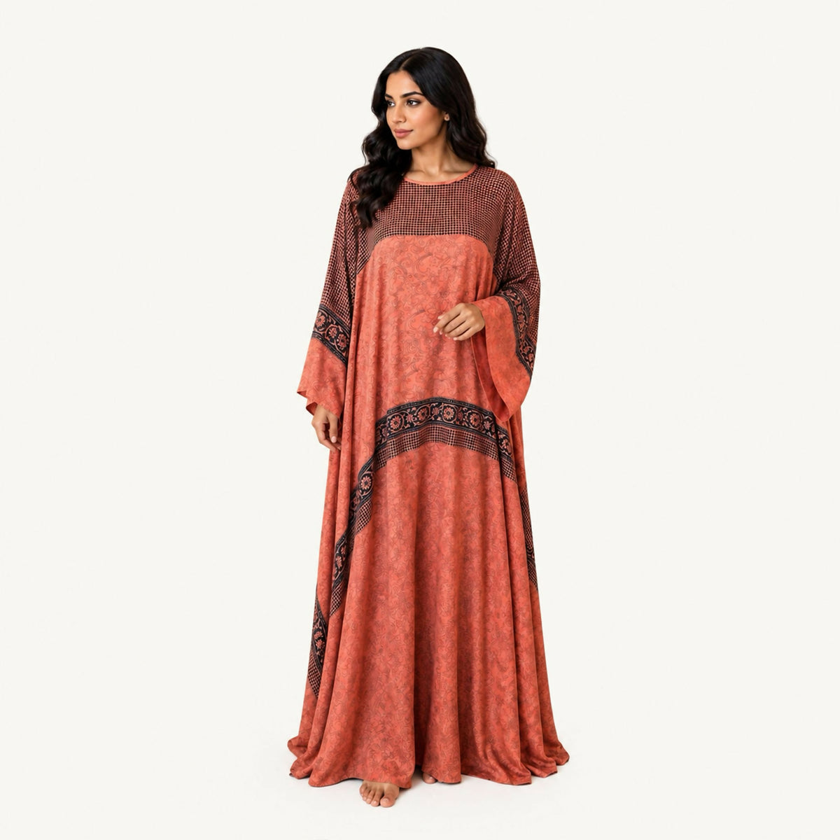 Indian silk jalabiya with a two-layer cut, the top layer cut as a loose cape resembling a butterfly, in pink with trim in various soft colors. Hand wash or steam clean.