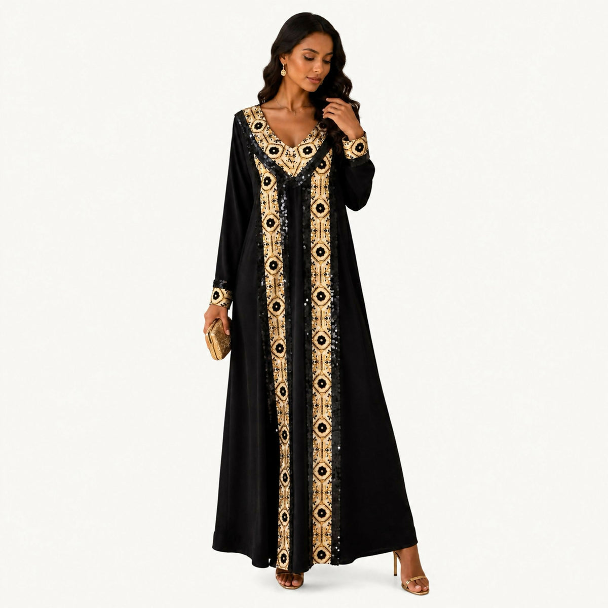 Olive green dress with a cream center front panel printed with large red rose motifs, bordered in green and red embroidery, round neckline, long sleeves with matching embroidered cuffs