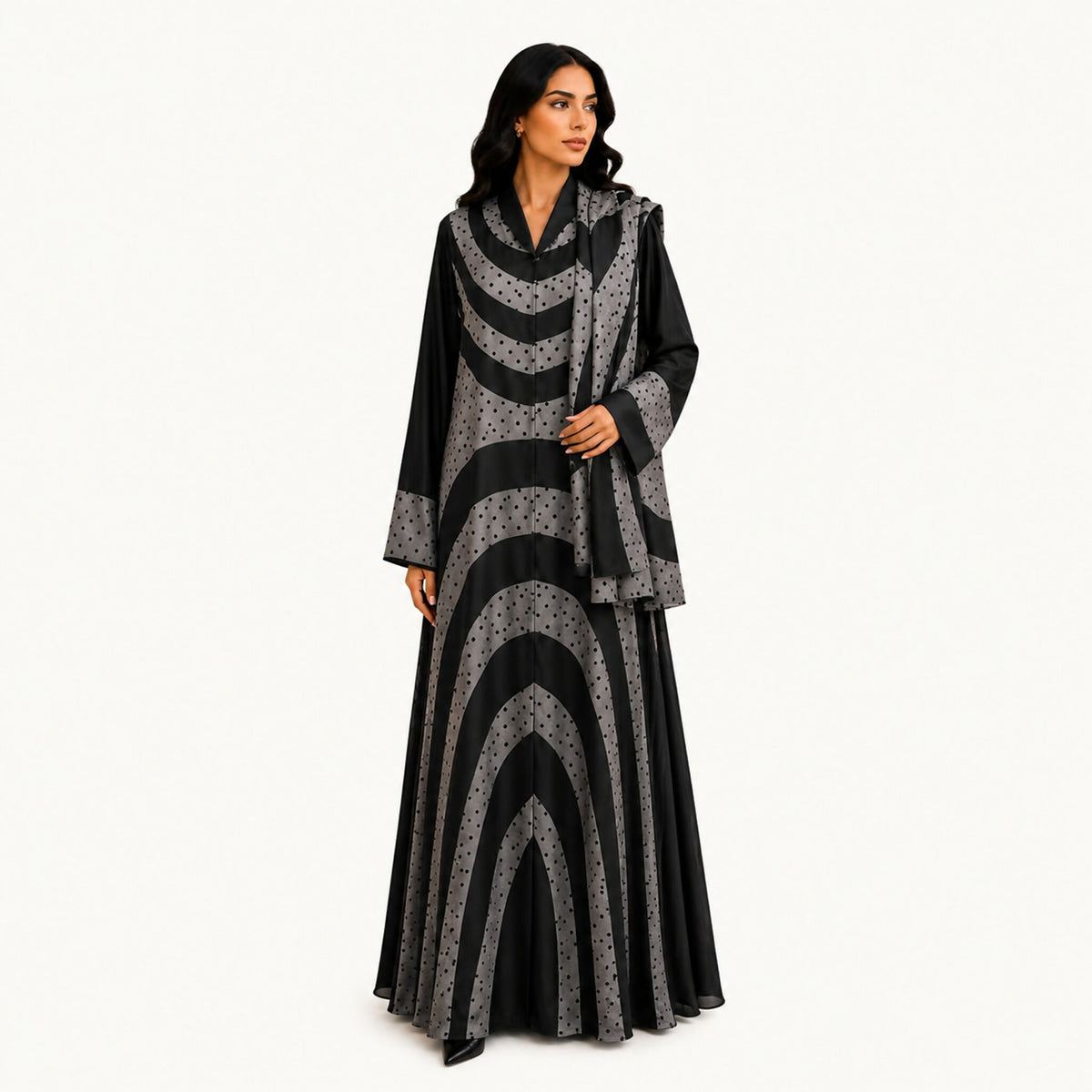 Black Silk Crepe Abaya Pink Grey Polka Dot