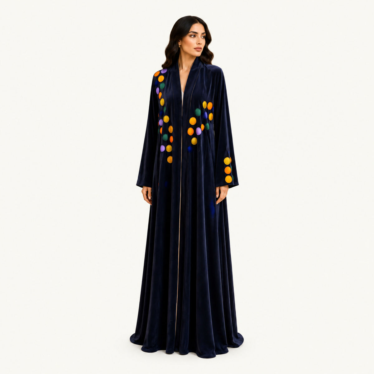 Chamois silk navy abaya with colorful embroidery on the chest