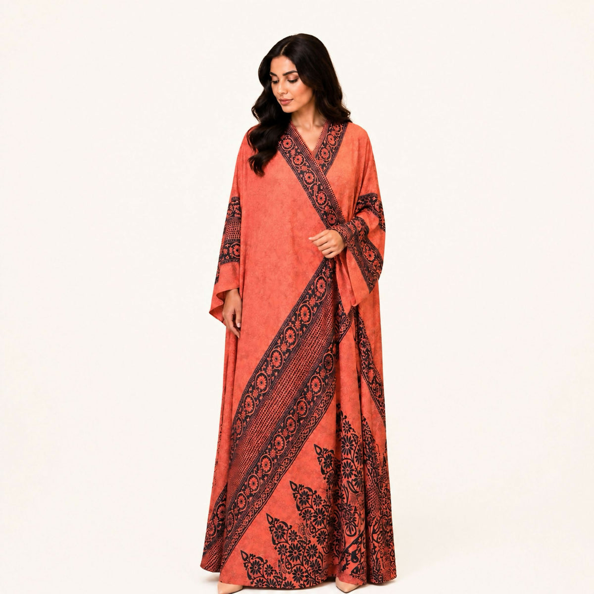 Indian silk jalabiya with a half-layer gathered to one side, with pink and grey trim. Hand wash or steam clean.