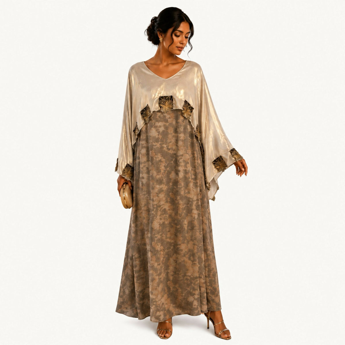 Oversized taupe/beige dress with a V-neckline, gold beaded floral embroidery down the front placket and cuffs, and side slits finished with gold trim