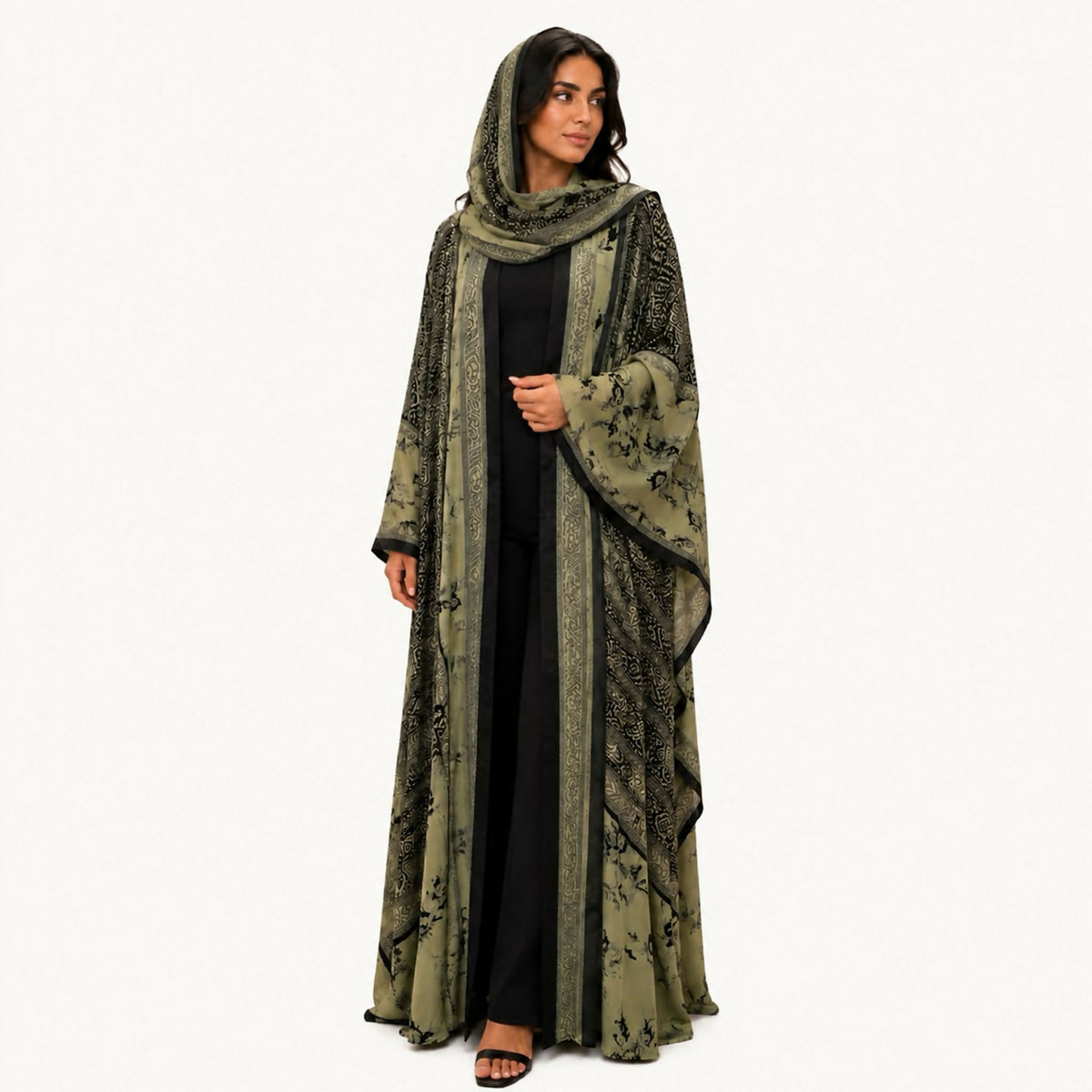 Indian silk abaya, bisht-style cut, in black with off-white and grey half-circles and a maroon circle, square sleeves, loose and lightweight. Hand wash or steam clean.