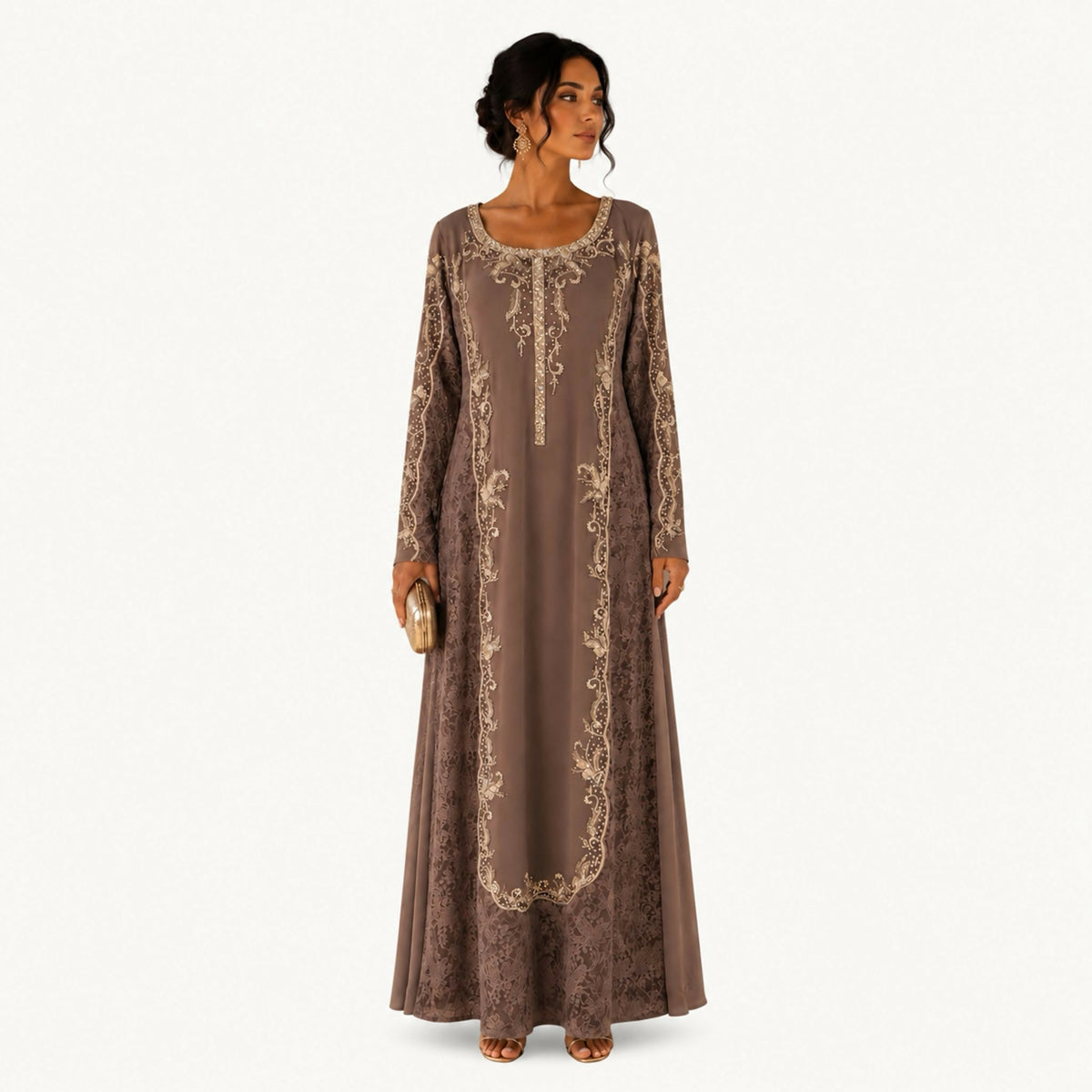 Brown dress with an attached vest-style overlay in solid brown, worn over a floral-printed under-layer in cream, brown, and gold, visible at the V-neckline and sleeves