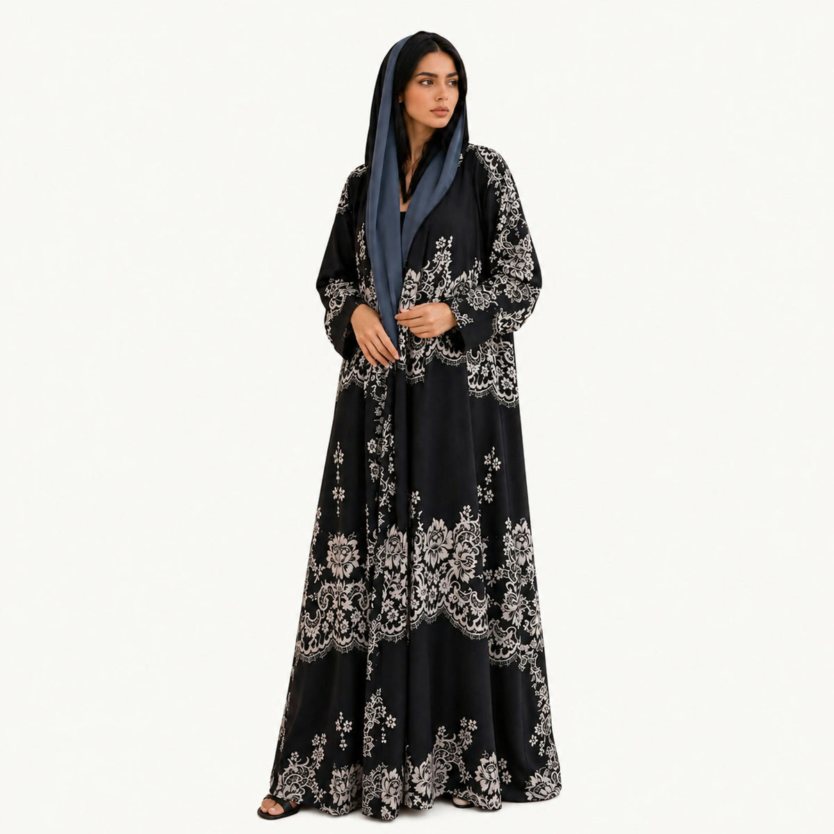 Black Crepe Abaya Printed with Light Pink Lace Pattern