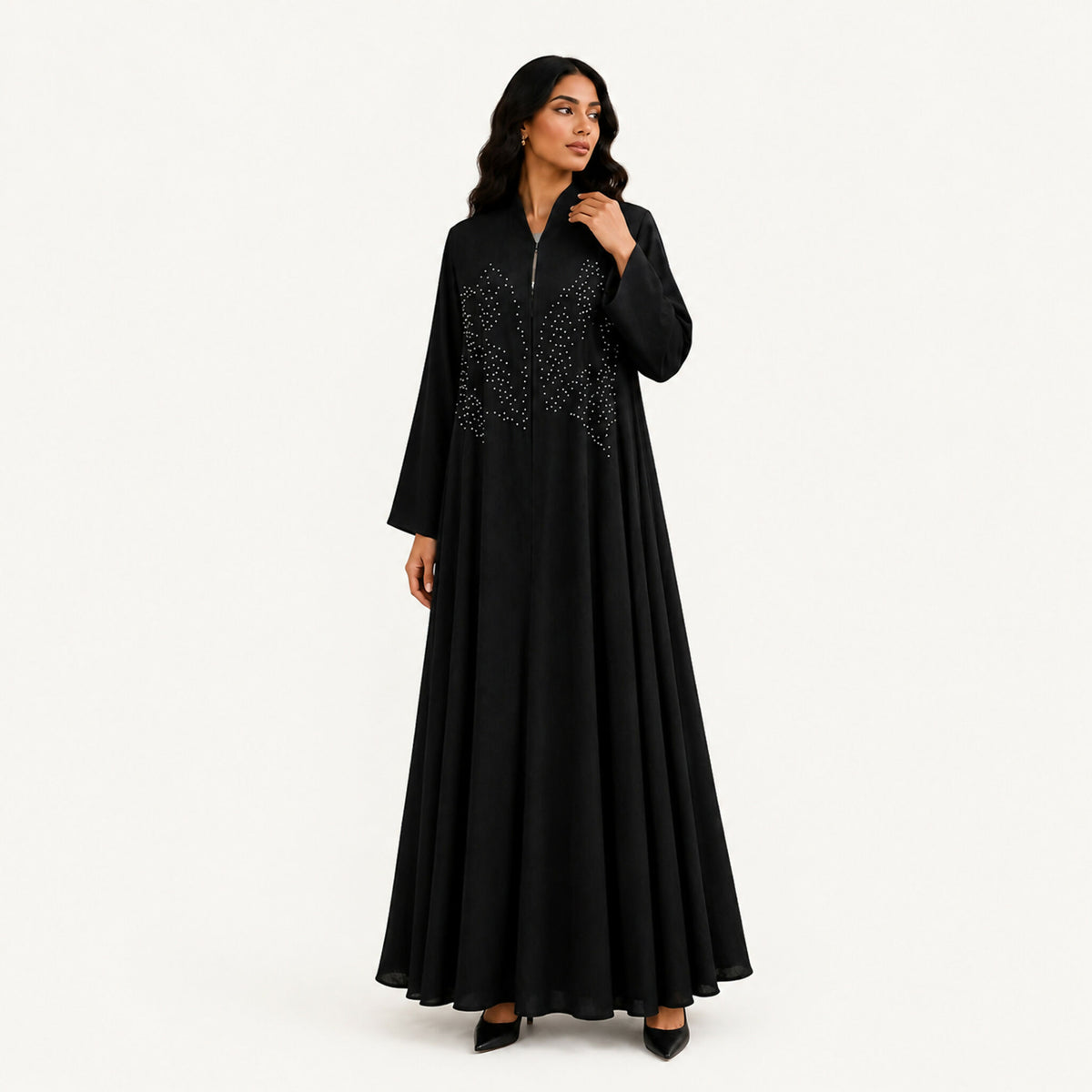 Luxury black linen abaya, silver embroidery on the chest