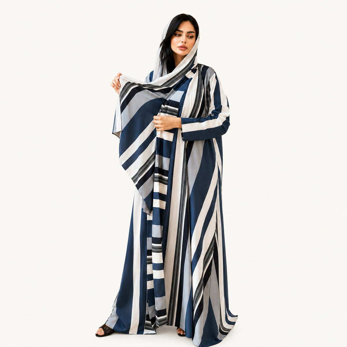 Black and Blue Striped Crepe Abaya