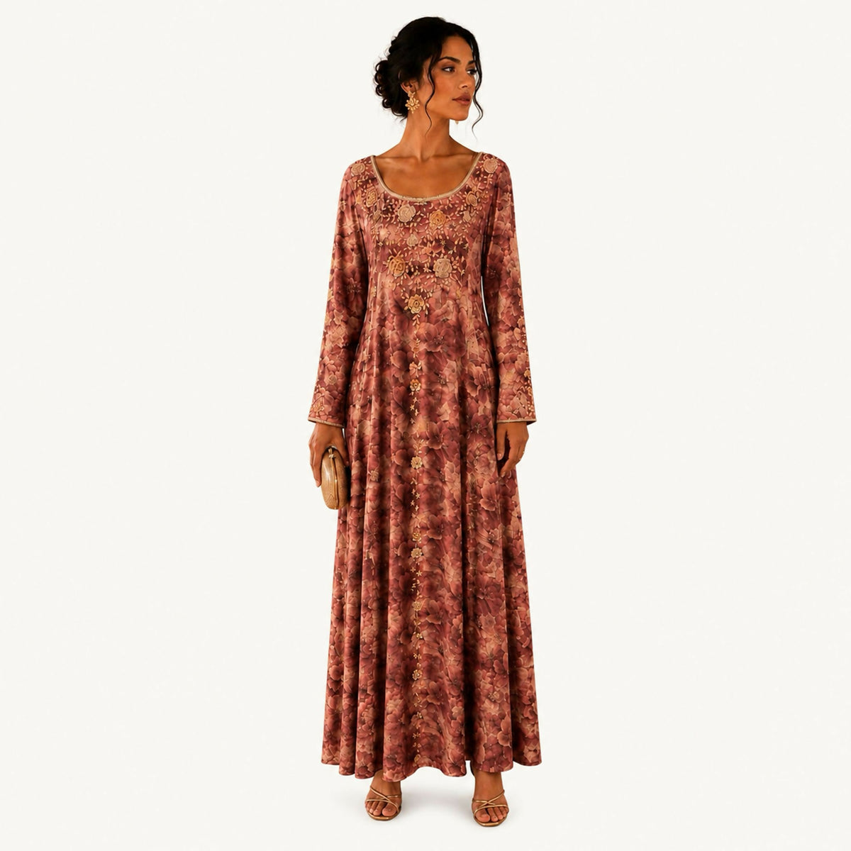 Dusty rose watercolor floral print dress with gold sequin floral appliques running down the front placket, round neckline finished with a metallic trim