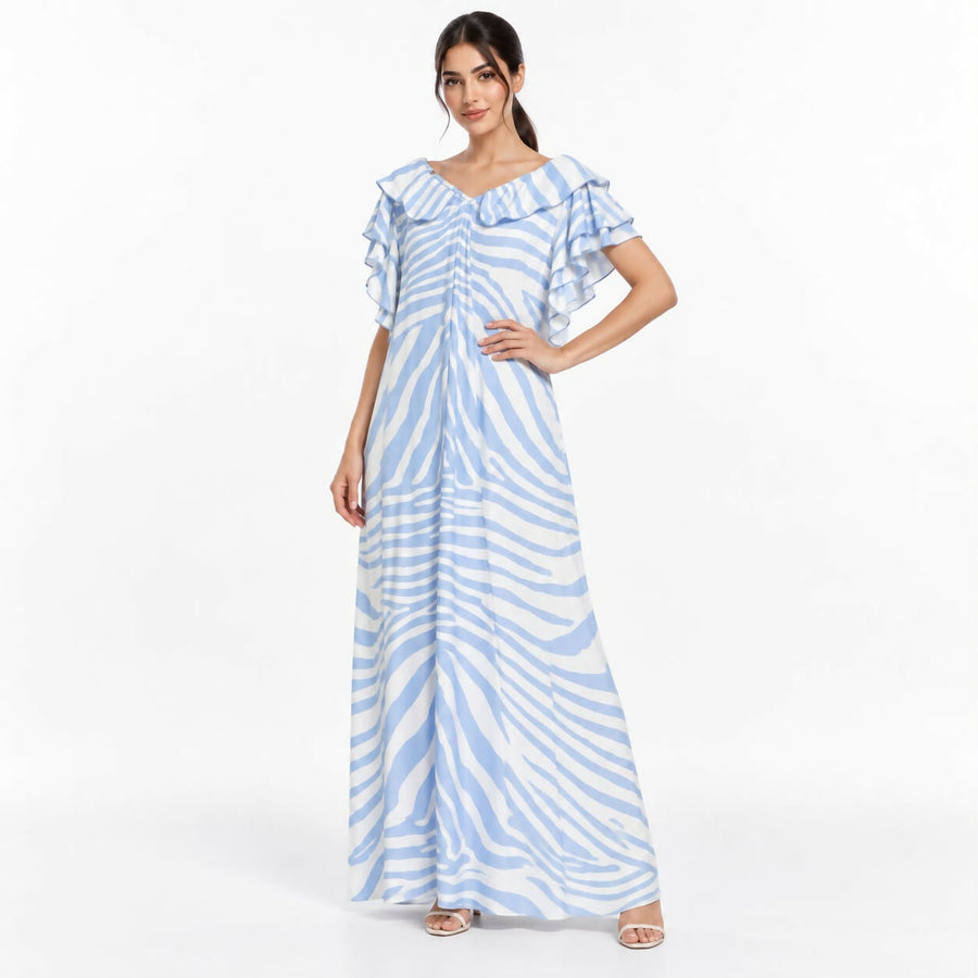 Flowy V-neck maxi dress in a soft blue-and-cream zebra stripe print, featuring a collared neckline and ruffled short sleeves.