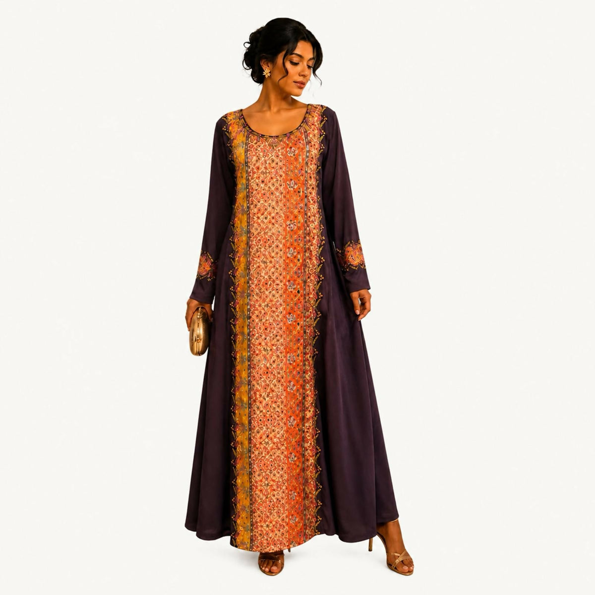 Dusty mauve lace dress fully embroidered with floral beadwork, high mandarin collar with a V-opening, wide velvet waistband, and satin cuffs and front placket