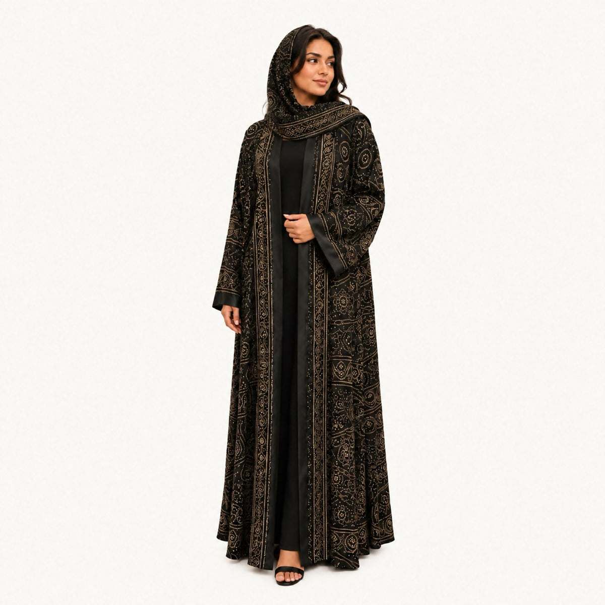 Indian silk abaya, bisht-style cut, in beige and off-white with an off-white circular dot pattern, square sleeves, loose and lightweight. Hand wash or steam clean.