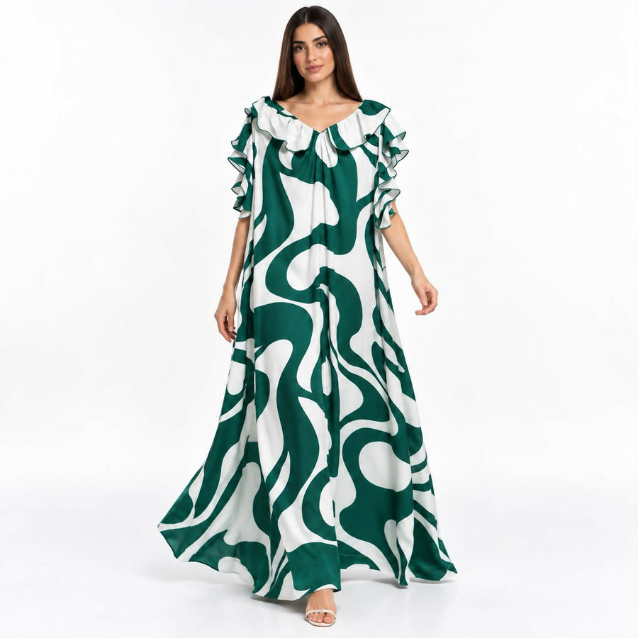 Relaxed A-line maxi dress with an allover multicolor floral print, ruffled neckline, and flutter sleeves, with a side slit.