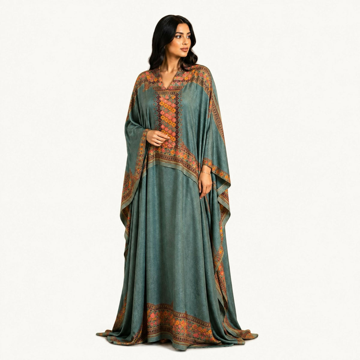 Indian silk jalabiya in dark grey with grey and beige trim, an inner waist tie, and sleeves with several large layered cuffs. Hand wash or steam clean.