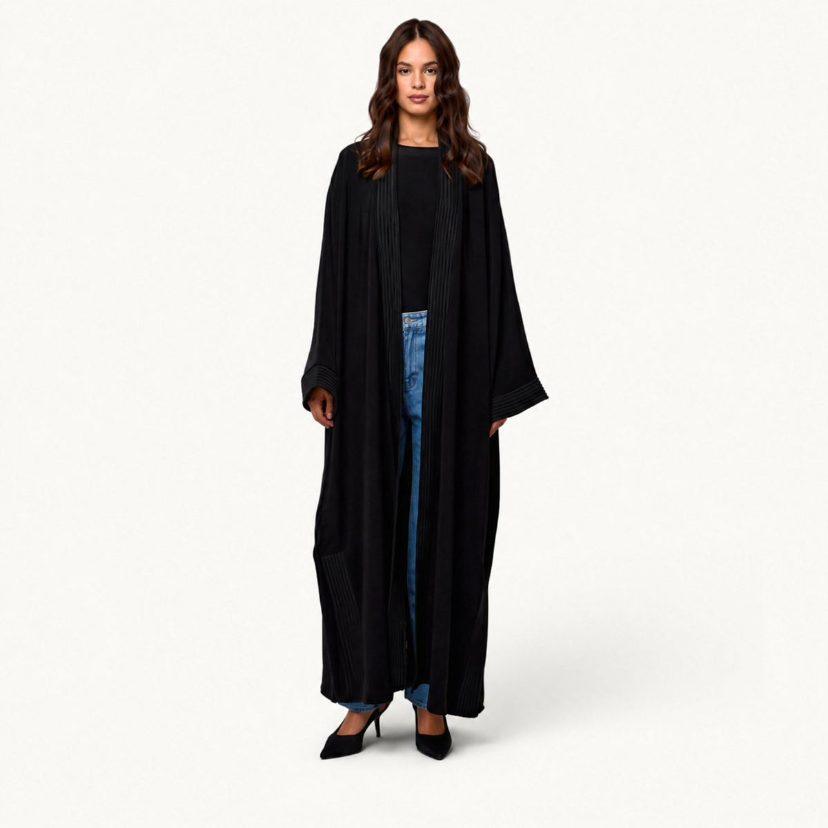 Open-front kimono abaya with decorative pleated trim running down the front edges and around the cuffs, wide relaxed sleeves.