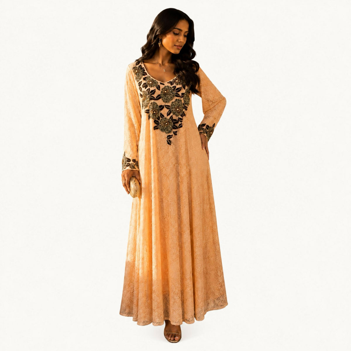 Light mauve/lilac dress with pearl and bead scrollwork embroidery running down the front placket and both side panels, round neckline, long sleeves