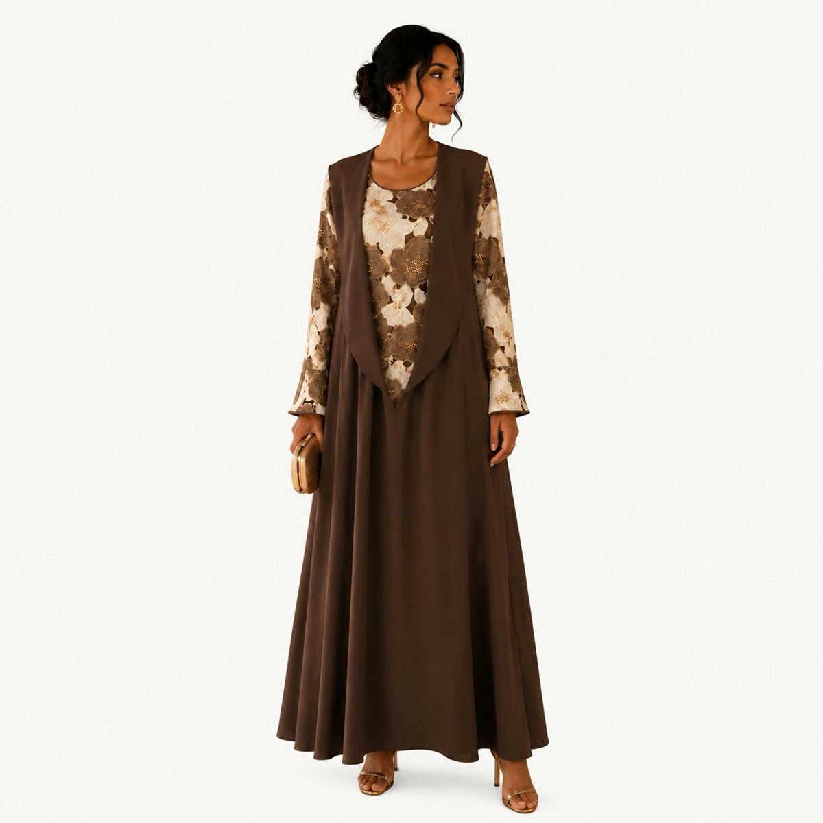 Two-tier dress: a metallic champagne-silver satin cape top with wide batwing sleeves and gold embroidered patches, layered over a grey-beige tie-dye printed skirt