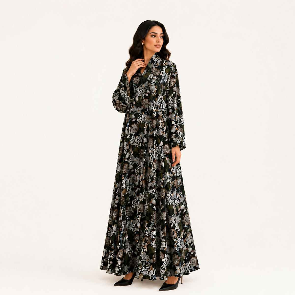Green and beige printed Georgia chiffon abaya