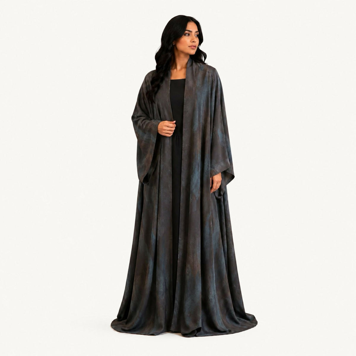 Navy silk jacquard abaya with light and dark squares and small scattered crystals on the fabric. Lightweight summer fabric; steam or hand wash.