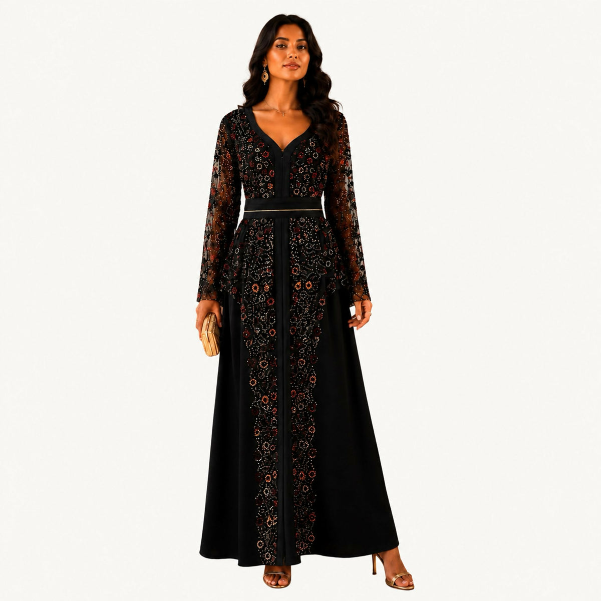 Black dress with mesh sleeves and bodice embroidered in a mosaic rosette pattern of burgundy, gold, and crystal beads, fitted beaded waistband, V-neckline, and full A-line skirt