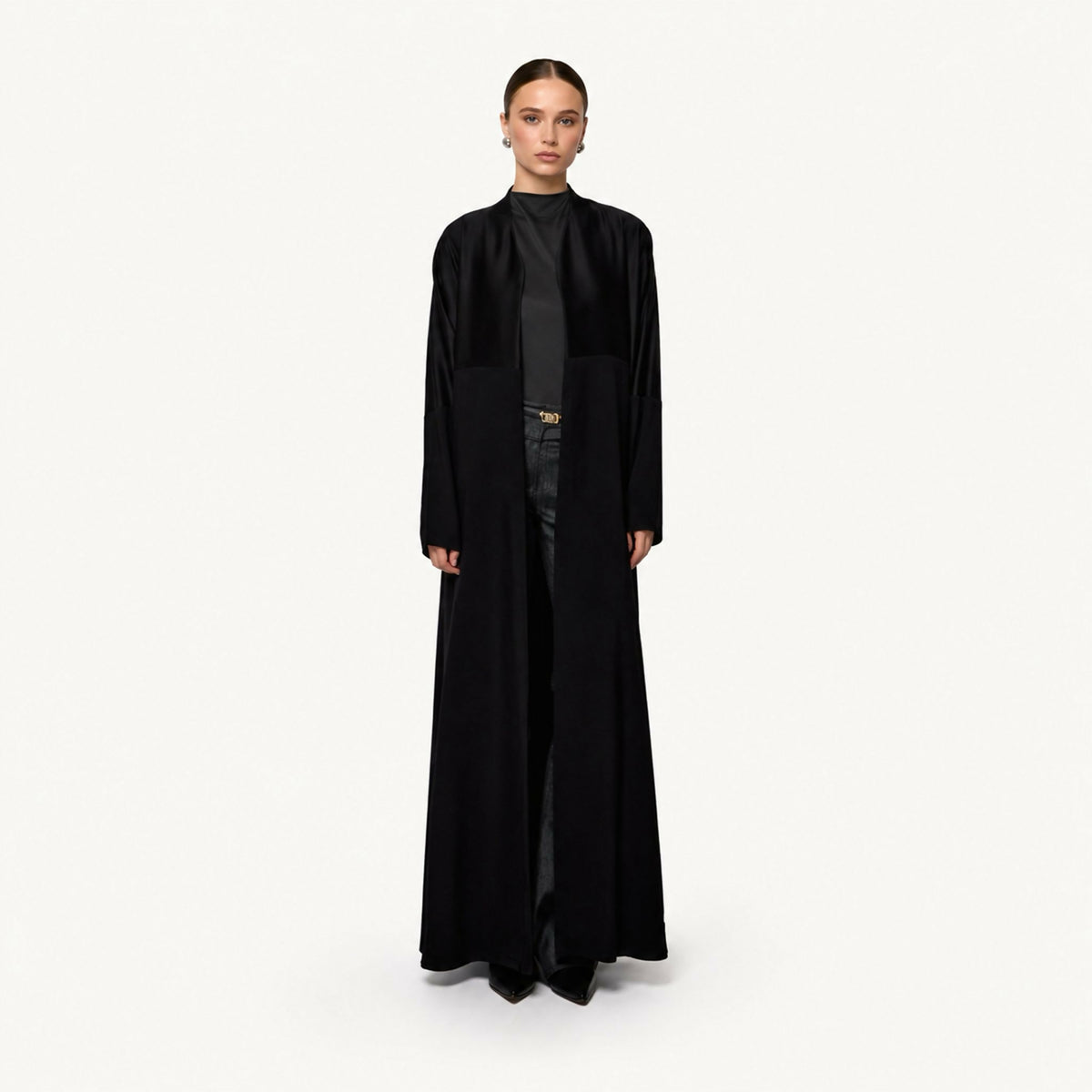 Open-front kimono-style abaya/cardigan with a satin yoke panel over a flowing crepe body and long wide sleeves, designed to be worn over an outfit.