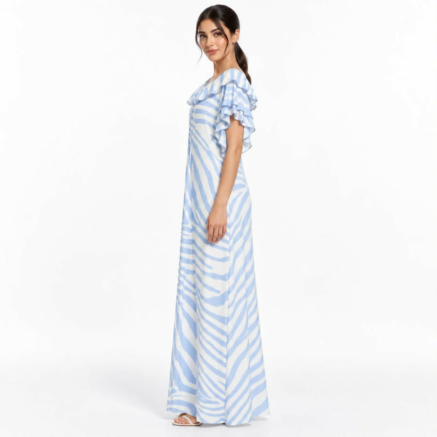 Flowy V-neck maxi dress in a soft blue-and-cream zebra stripe print, featuring a collared neckline and ruffled short sleeves.