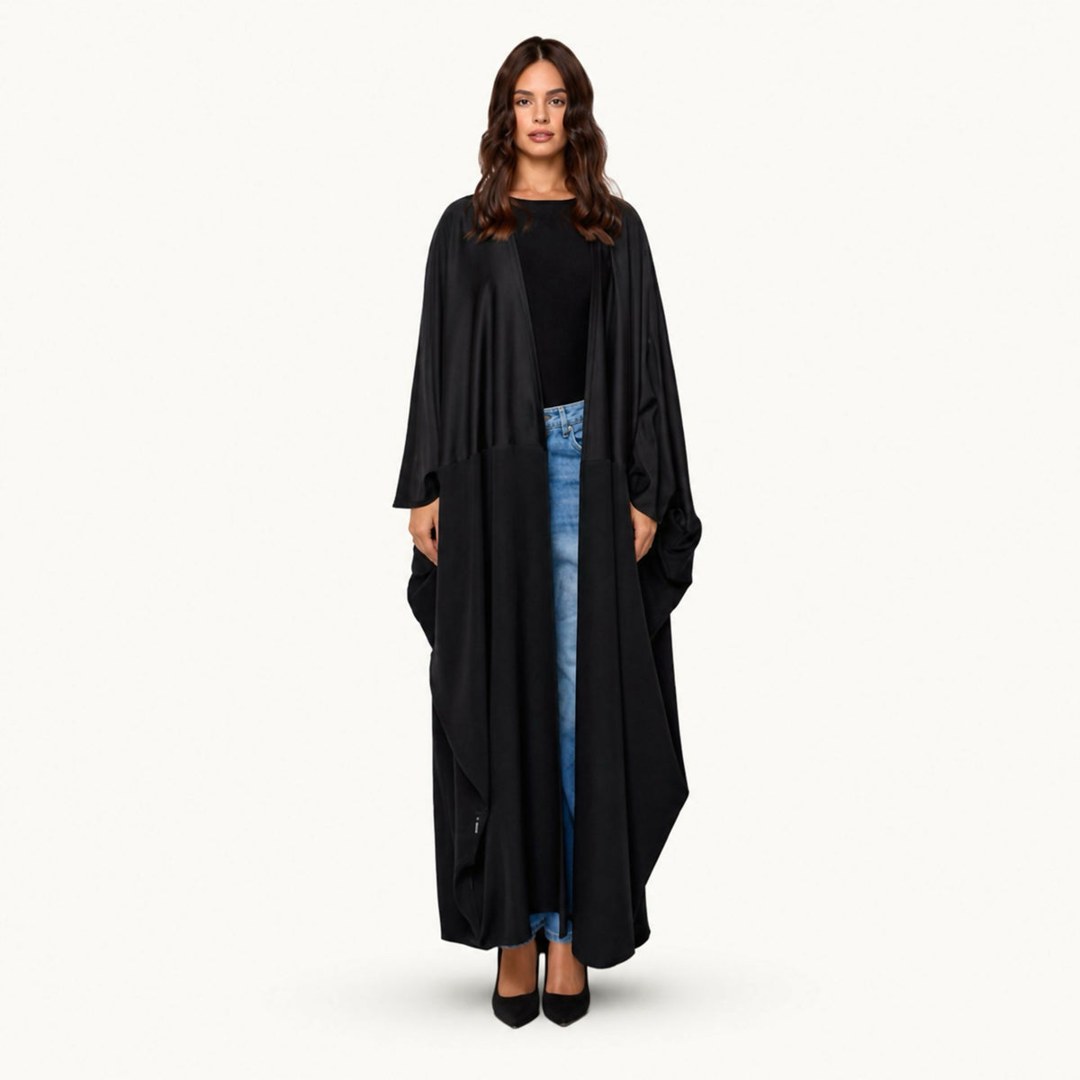 Dramatic open-front abaya with an oversized draped silhouette, wide batwing sleeves, and satin-trimmed edges.