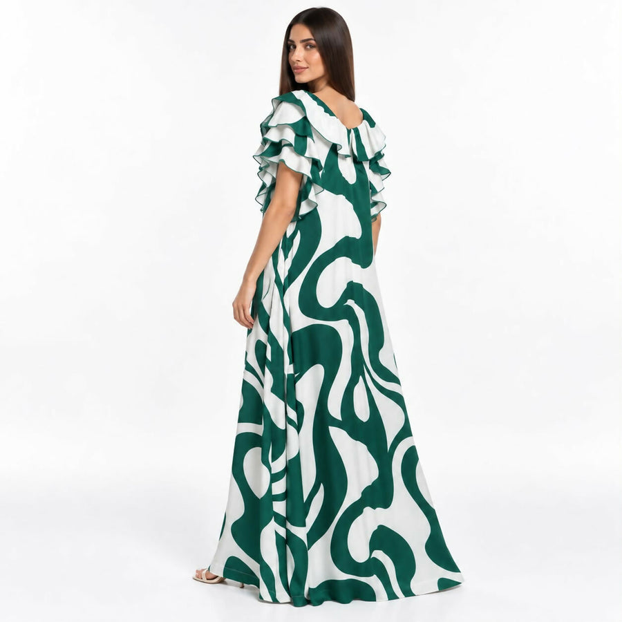 Relaxed A-line maxi dress with an allover multicolor floral print, ruffled neckline, and flutter sleeves, with a side slit.