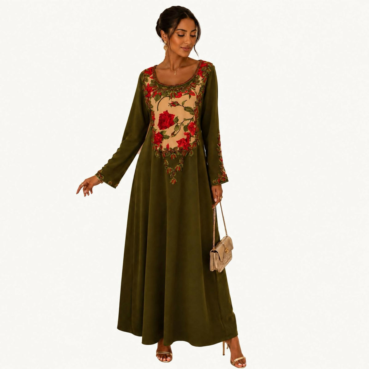 Peach lace dress with a round neckline embroidered in green and gold floral beadwork on the bodice and cuffs, allover lace fabric