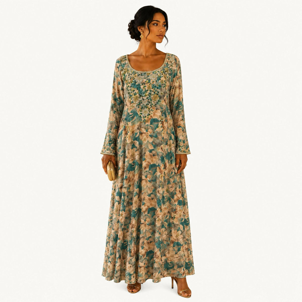 Teal and cream floral print dress with a bodice embroidered in gold, silver, and crystal beadwork, long sleeves with beaded cuffs