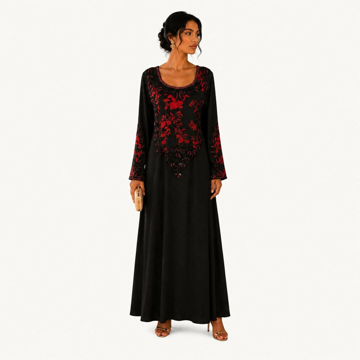 Black dress with a red floral embroidered bib and beaded round neckline, long sleeves finished with matching red floral embroidered cuffs, plain black A-line skirt