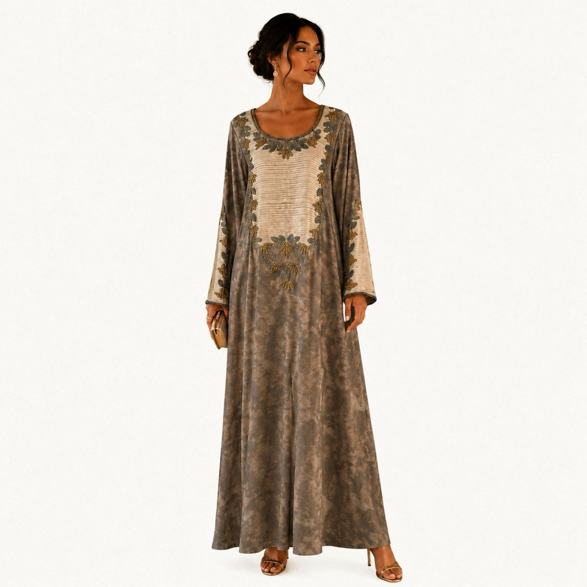 Grey-brown tie-dye printed dress with an ivory pleated center bib panel bordered in gold and grey beaded leaf embroidery, long sleeves