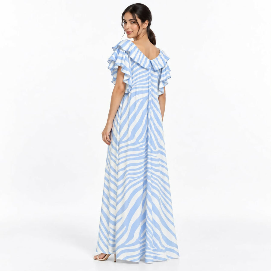 Flowy V-neck maxi dress in a soft blue-and-cream zebra stripe print, featuring a collared neckline and ruffled short sleeves.