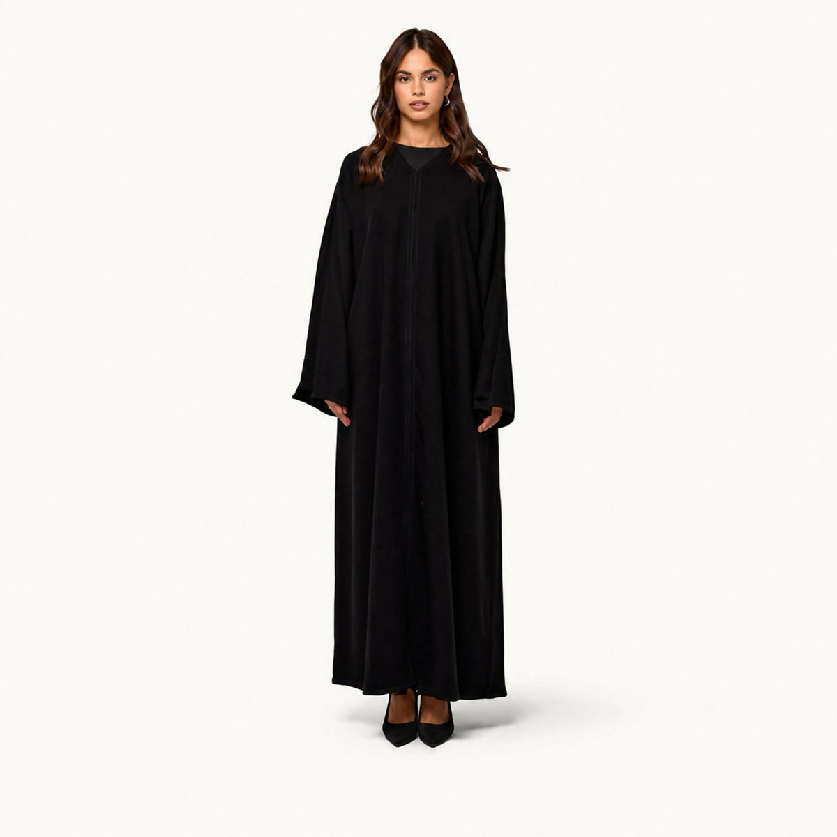 Everyday abaya with a relaxed A-line silhouette, wide dropped sleeves, and a center front seam with a subtle V-neckline panel.