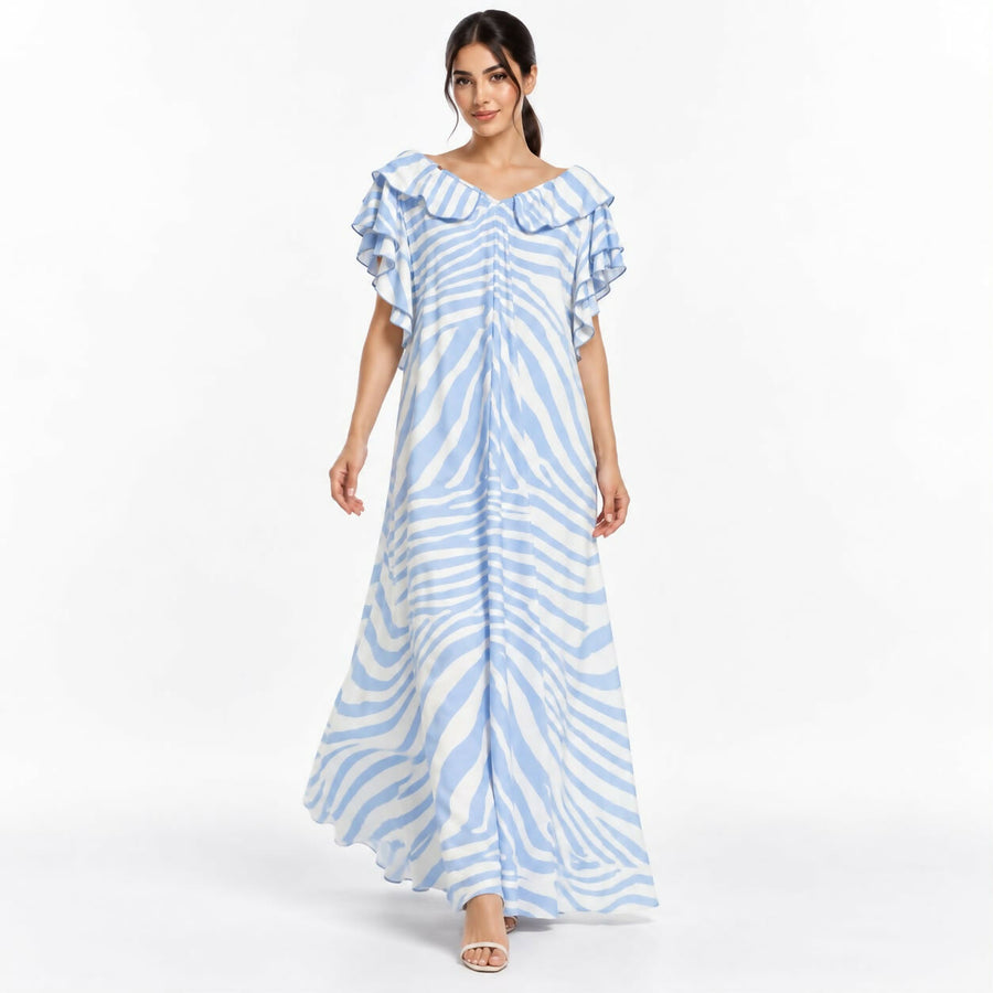 Flowy V-neck maxi dress in a soft blue-and-cream zebra stripe print, featuring a collared neckline and ruffled short sleeves.