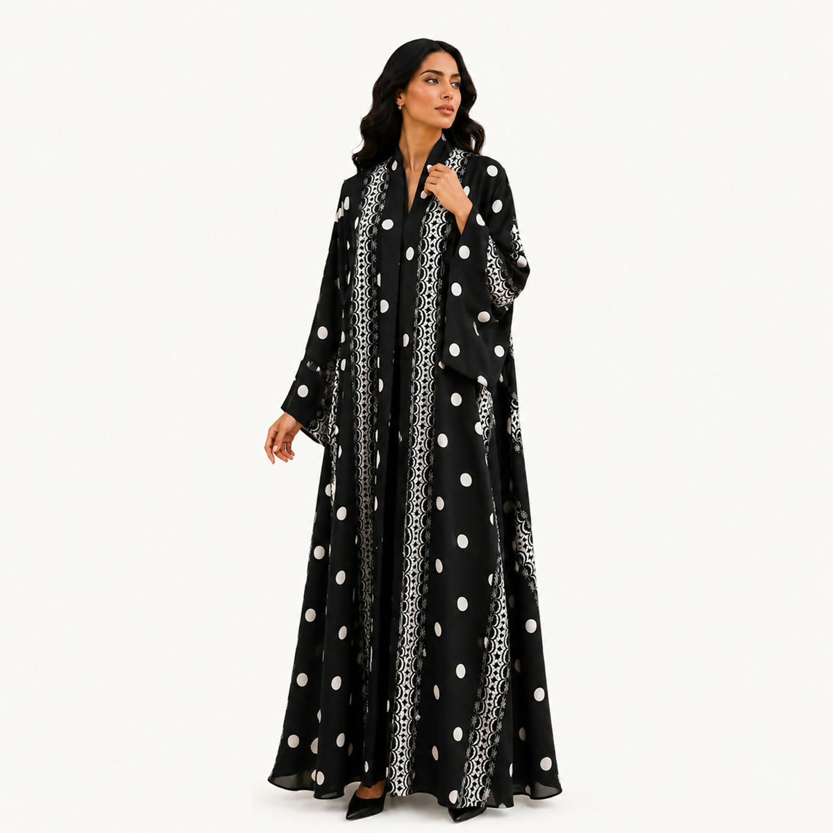 Black crepe abaya printed longitudinally with lace print with white dots