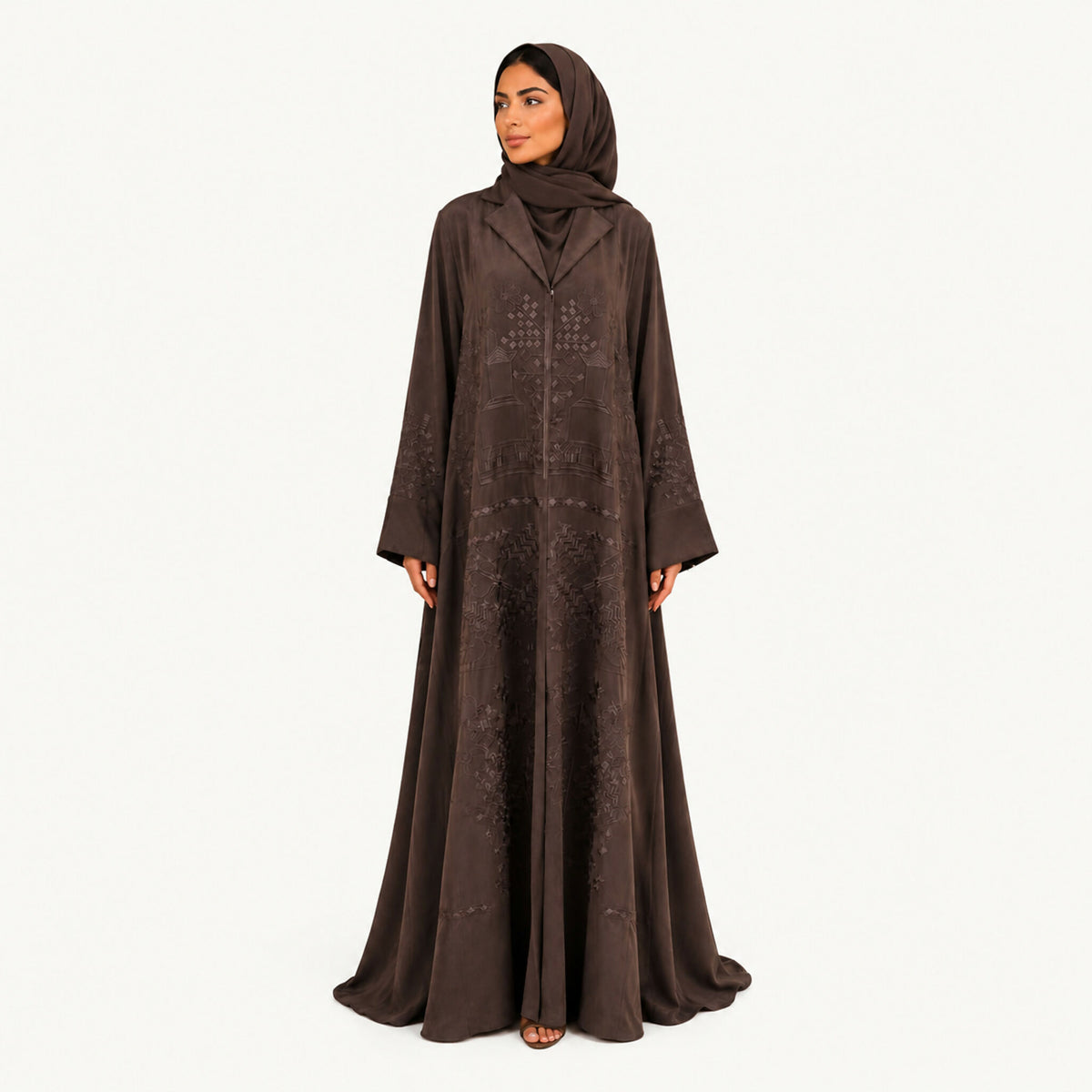 Dark brown chamois silk abaya with computer embroidery