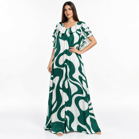 Relaxed A-line maxi dress with an allover multicolor floral print, ruffled neckline, and flutter sleeves, with a side slit.