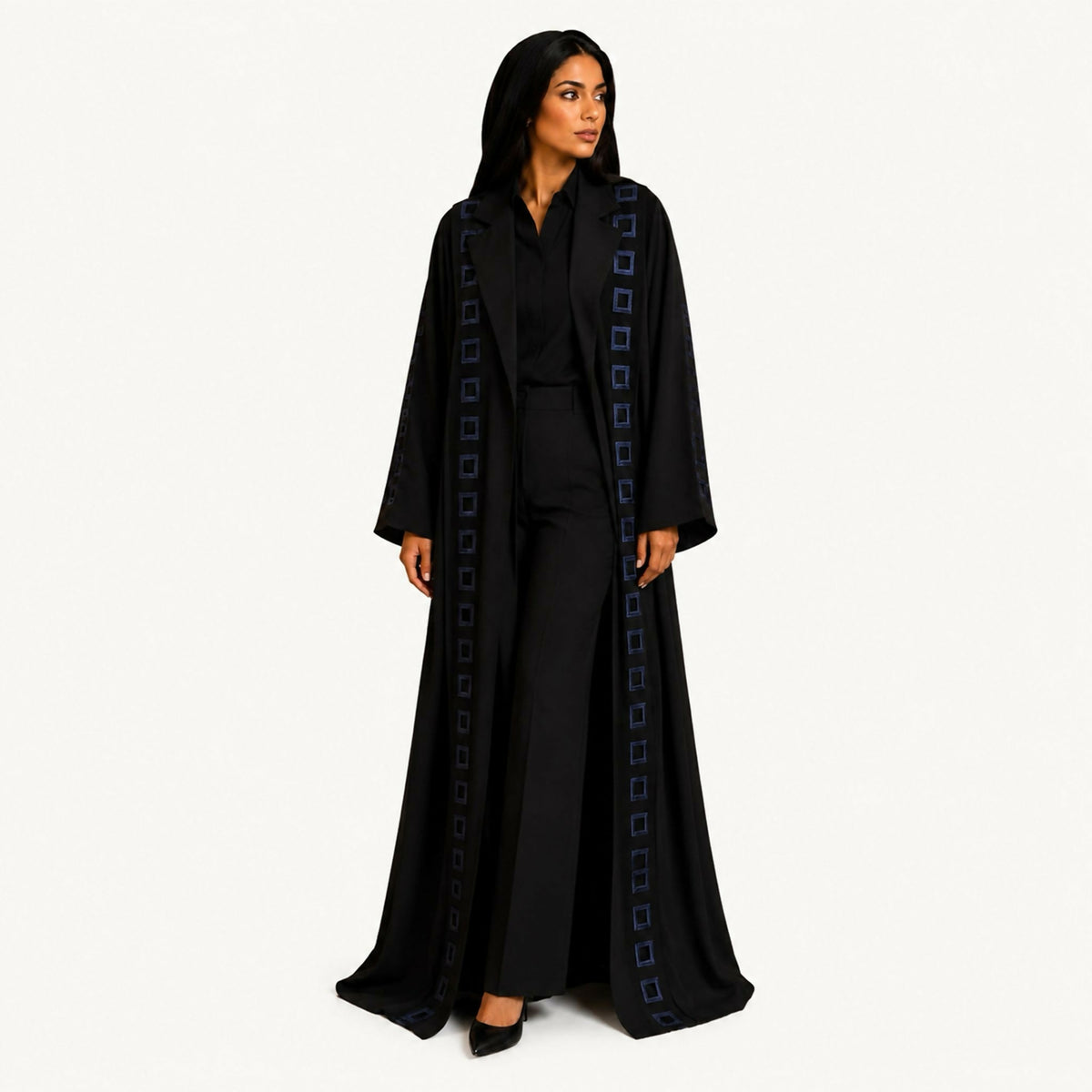 Black crepe abaya with self-fabric seam lines plus black embroidery distributed on the front and back. Fabric works for both summer and winter; hand wash or steam clean.