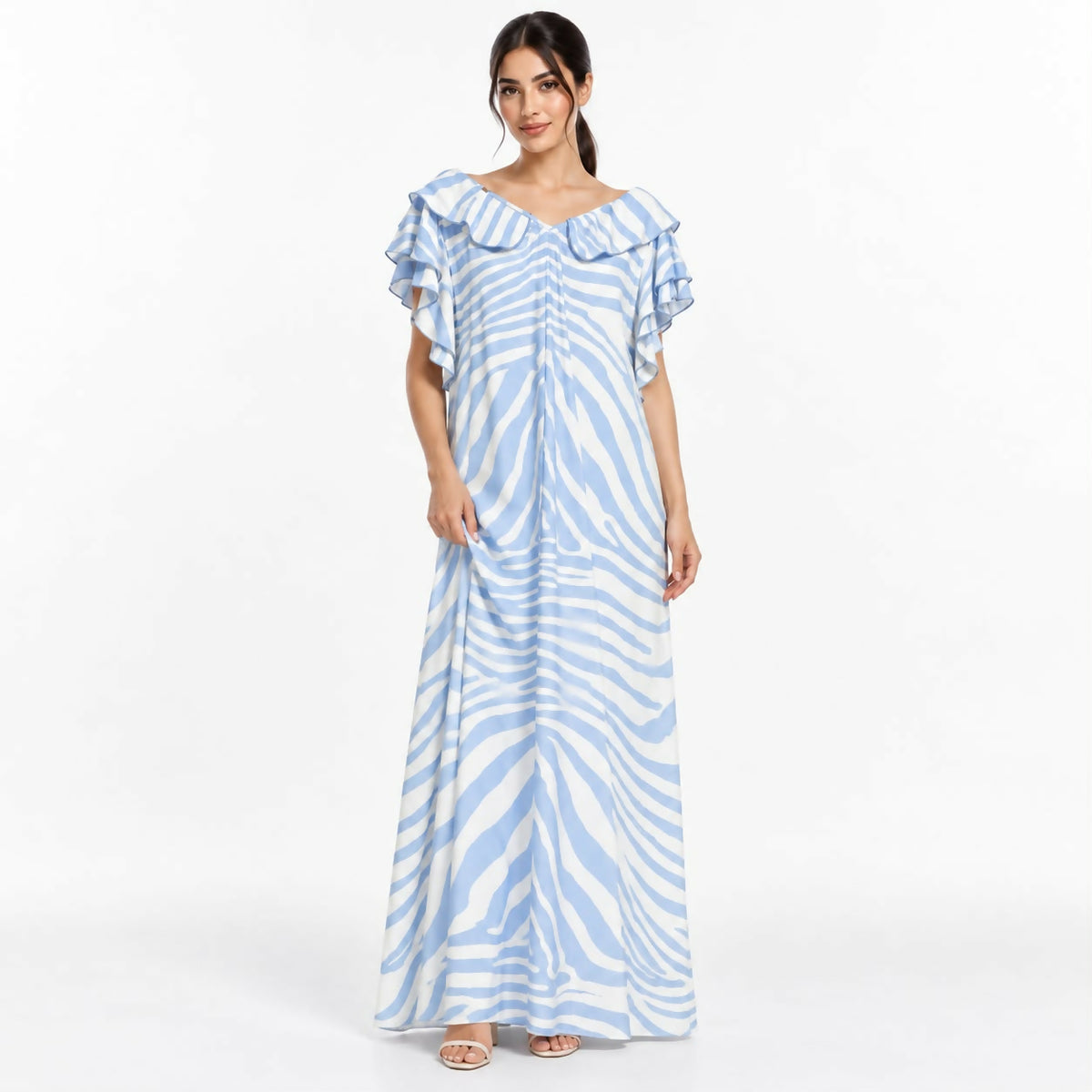 Flowy V-neck maxi dress in a soft blue-and-cream zebra stripe print, featuring a collared neckline and ruffled short sleeves.