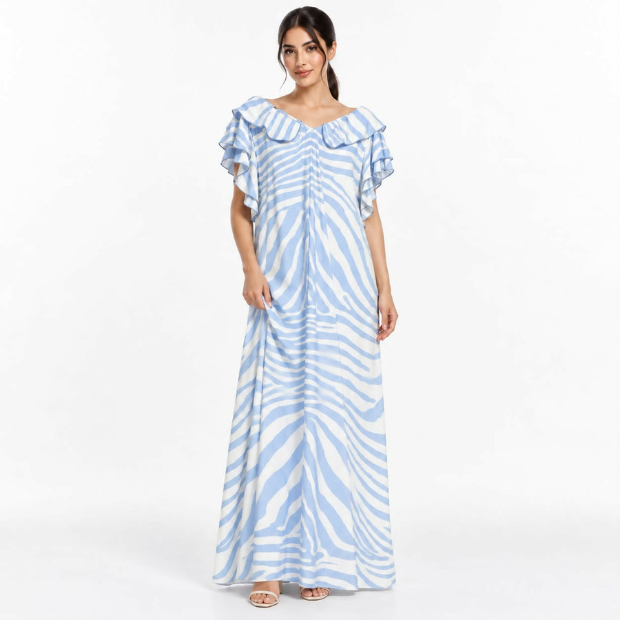 Flowy V-neck maxi dress in a soft blue-and-cream zebra stripe print, featuring a collared neckline and ruffled short sleeves.